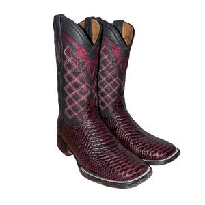 Vintage Mexican Made Red & Black Reptile Embossed leather Western Boots Mens 9.5